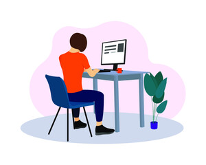 A freelance woman working on a computer, dressed in home clothes. Illustration in flat style