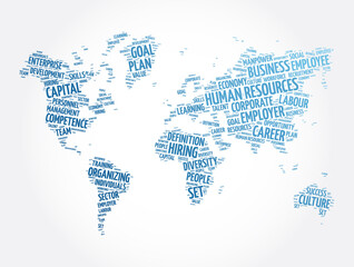 Human Resources word cloud in shape of world map, business concept background
