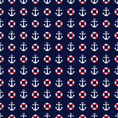 Pattern with anchors and ship belt on blue background
