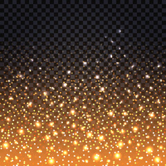 Luminous glittering background with light glow, particles and stardust powder. Christmas decorative backdrop with flying sparkles. Abstract vector illustration