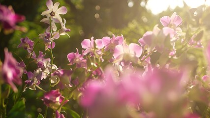 Obraz premium Beautiful lilac purple and magenta orchids growing on blurred background of green park. Close up macro tropical petals in spring garden among sunny rays. Exotic delicate floral blossom with copy space