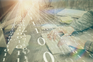 Double exposure of tech drawings with hands working on computer background. Concept of innovation.