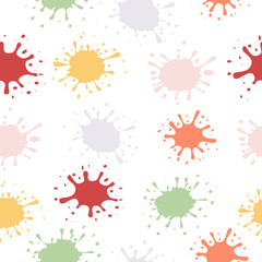 Abstract seamless pattern with colorful paint splashes white background. Multicolored blots texture vector illustration.