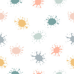 Abstract seamless pattern with colorful paint splashes white background. Multicolored blots texture vector illustration.