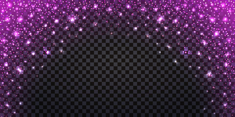 Pink glitter sparkles and glowing luminous stardust on dark transparent background. Flying shiny Christmas sparks with shimmer light effect, luxury decorative backdrop. Vector illustration