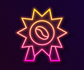 Glowing neon line Medal for coffee icon isolated on black background. Premium quality coffee badge. Vector Illustration.