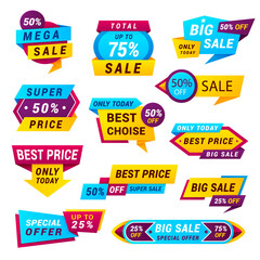 Sale badges. Big, mega, total, super. only today, best price, choice, special offer stickers. Clearance.