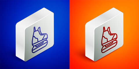 Isometric line Skates icon isolated on blue and orange background. Ice skate shoes icon. Sport boots with blades. Silver square button. Vector Illustration.