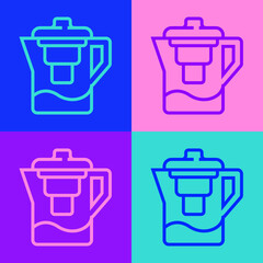 Pop art line Water jug with a filter icon isolated on color background. Vector Illustration.