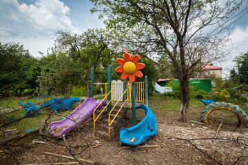 Broken Kindergarten after shelling. War in Donbass. Eastern Ukraine.