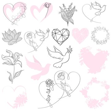 Hand-drawing silhouette background collection. Vector doves, flowers with hearts. Element for design.