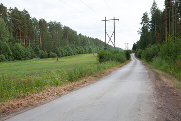 paved road in a rural area, next to a power line