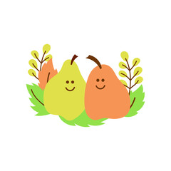 Two cute pears. Kawaii characters. The concept of friendship, love, and mutual understanding. Hand drawn Vector illustration