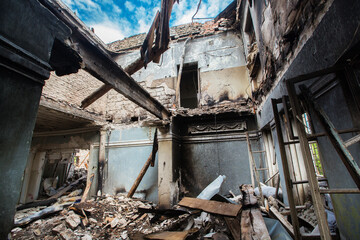 Broken house after shelling. War in Donbass. Eastern Ukraine.