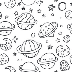 Vector seamless pattern with hand drawn space elements, planets, stars and other. 