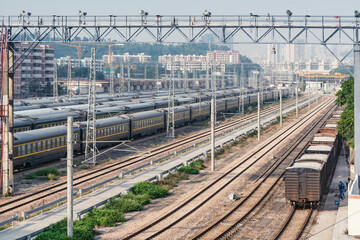 Trains on the railway station at day time. Shenzhen. China.