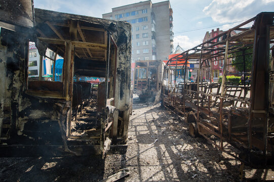 Burnt trolleybus. War in Donbass. Eastern Ukraine.