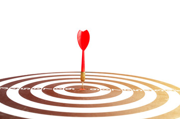 Fototapeta na wymiar Target hit in the center by arrow. Success goals Targeting the business concept. Close up shot red dart arrow on center of dartboard, isolated on white background with clipping path.