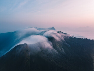 Mountains and fog in the morning landscape Blue purple