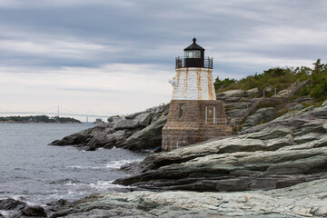 Castle Hill Lighthouse, Newport Rhode Island. This unique granite lighthouse stands at the entrance to the East Passage of Narragansett Bay. The grounds are adjacent to the Castle Hill Inn & Resort