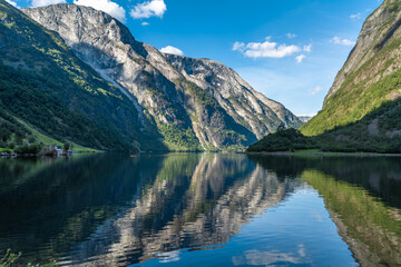 Fototapeta premium Stunning views of the Naeroyfjord, listed as a UNESCO World Heritage Site in the Aurland Municipality in Vestland county, Norway.