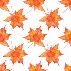 Autumn watercolor seamless pattern with red maple leaves.Hand drawn illustration.Isolated on white background.Seasonal ornament for fabric,textile,wallpaper,wrapping paper,thanksgiving design projects