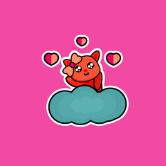 Cute Cat on A Cloud Isolated on Pink Cartoon Character Vector Illustration