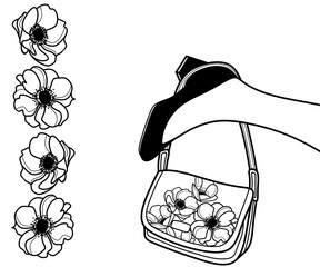 Woman's leg in black heeled shoe and white bag with floral print, fashion and beauty, anemone flowers