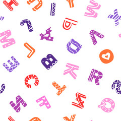 Colorful seamless pattern, english and latin alphabet. Design for wallpaper, fabric, textile, packaging, kids design. Vintage art.