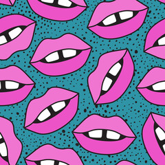 Vector seamless pattern with sexy red lips on contrast background. Fashion concept. Trendy fabric print. Use for postcard, wallpaper, pattern fills, web page background, surface textures.