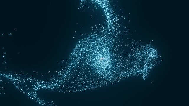 Nacimiento de part&iacute;culas azules sobre fondo negro.