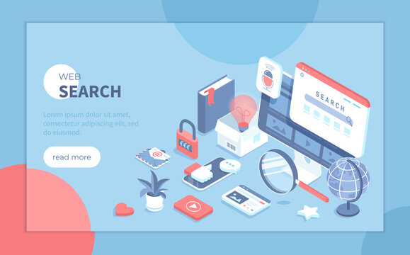 Web search engine. Search page on the monitor screen, voice searching, result elements. Isometric vector illustration for presentation, banner, website.