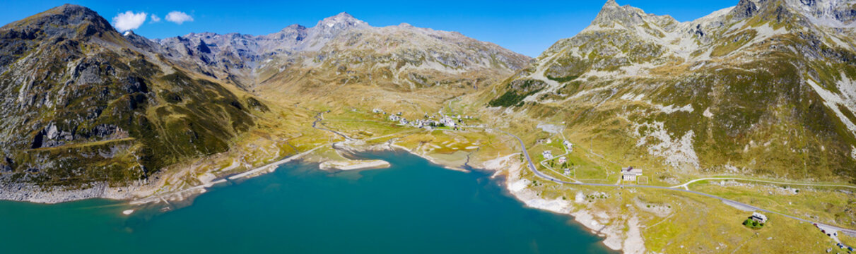 Montespluga, Italy, aerial view of the lake towards the Swiss border