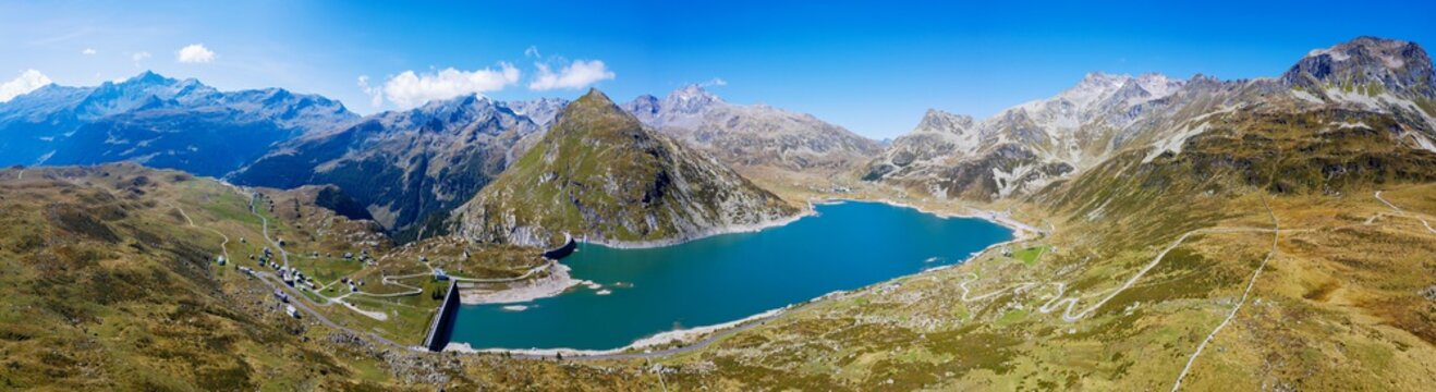 Montespluga, Italy, aerial view of the lake towards the Swiss border