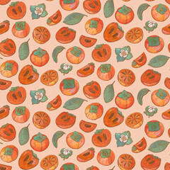 Persimmon, flowers and leaves colorful pattern. Organic food, vector doodle hand drawn sketch style illustrations collection for background.	