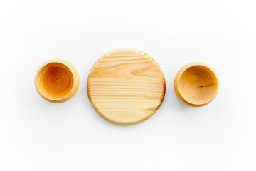 Making wooden dishes. Village table with wooden cutlery set rustic background top view mockup