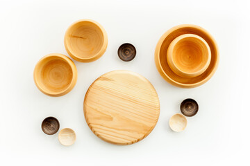 Making wooden dishes. Village table with wooden cutlery set rustic background top view mockup