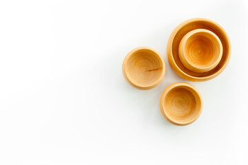 Making wooden dishes. Village table with wooden cutlery set rustic background top view mockup