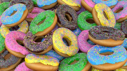 Colored 3d background with delicious appetizing dougnuts