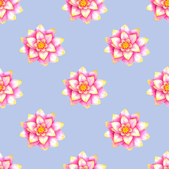 Pink lotuses seamless pattern,watercolor blooming flowers.Hand drawn floral illustration.Cute background for textile,fabrics designs,wallpaper,gift packaging,scrap paper,wrapping paper.