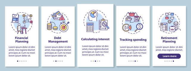 Financial literacy objectives onboarding mobile app page screen with concepts