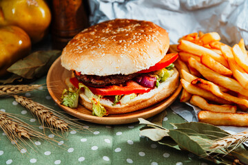 Cheese burger - American cheese burger with Golden French fries