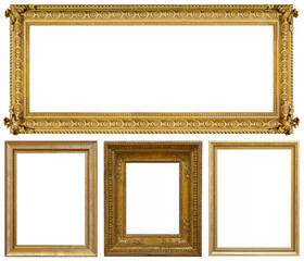 Set of golden frames for paintings, mirrors or photo isolated on white background