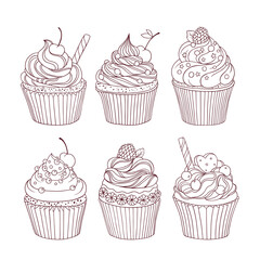 Vector set of six hand drawn outlined cupcakes. Monochrome. Use for wedding, birthday invitations, web page background, surface textures, menu, and other.