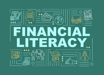 Financial literacy word concepts banner. Graphics, chart, compound interest. Infographics with linear icons on green background. Isolated typography. Vector outline RGB color illustration