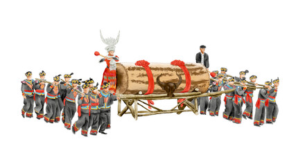 Watercolor Illustration of a group of Miao people in costume playing drum to celebrate the Miao Drumming Festival. Isolated on white background. | 苗族鼓藏节
