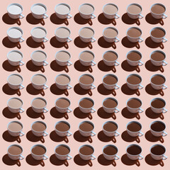 square image with several cups with different proportions of milk and coffee. Diagonal gradient of coffee in different shades from white to dark brown on a beige background.
