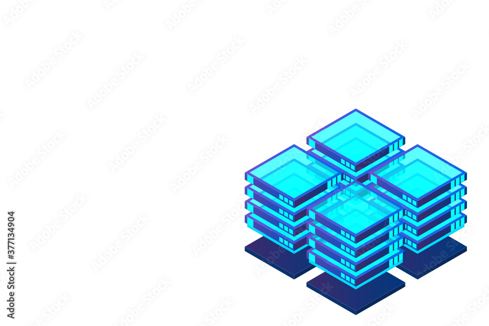 Poster isometric digital technology web banner. big data machine learning algorithms. analysis and informat