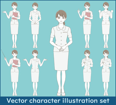 医療・美容　手描き風　白い制服を着た女性の全身イラストセット