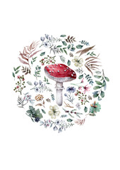 Amanita muscaria. Fly agaric mushroom with floral, circle frame design Hand drawn watercolor isolated realistic illustration on white background